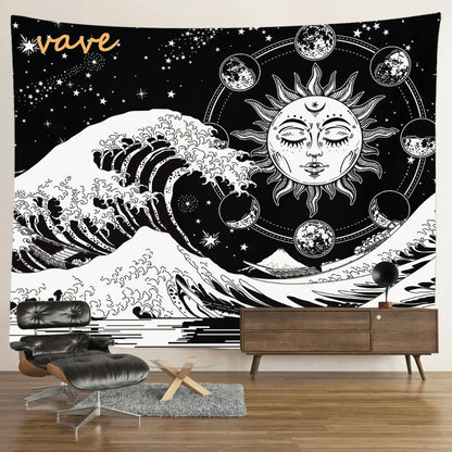 Witchcraft Astrology Mandala Tapestry Black and White Sun Moon Tarot Hippie Aesthetic Cloth Fabric Large Tapestry Wall Hanging