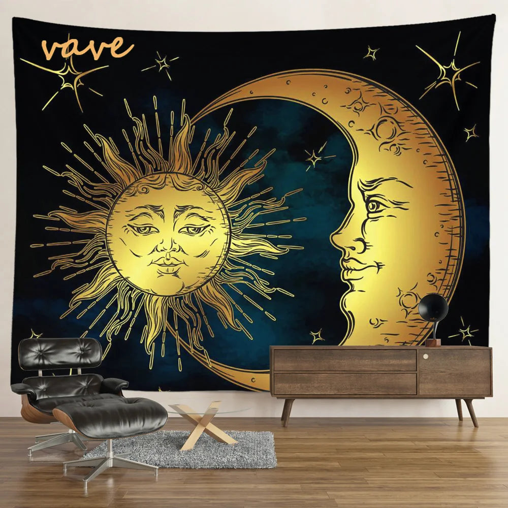 Witchcraft Astrology Mandala Tapestry Black and White Sun Moon Tarot Hippie Aesthetic Cloth Fabric Large Tapestry Wall Hanging