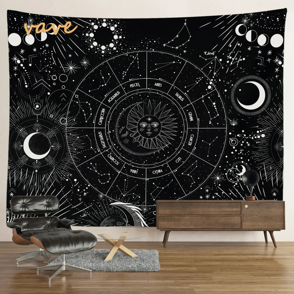 Witchcraft Astrology Mandala Tapestry Black and White Sun Moon Tarot Hippie Aesthetic Cloth Fabric Large Tapestry Wall Hanging