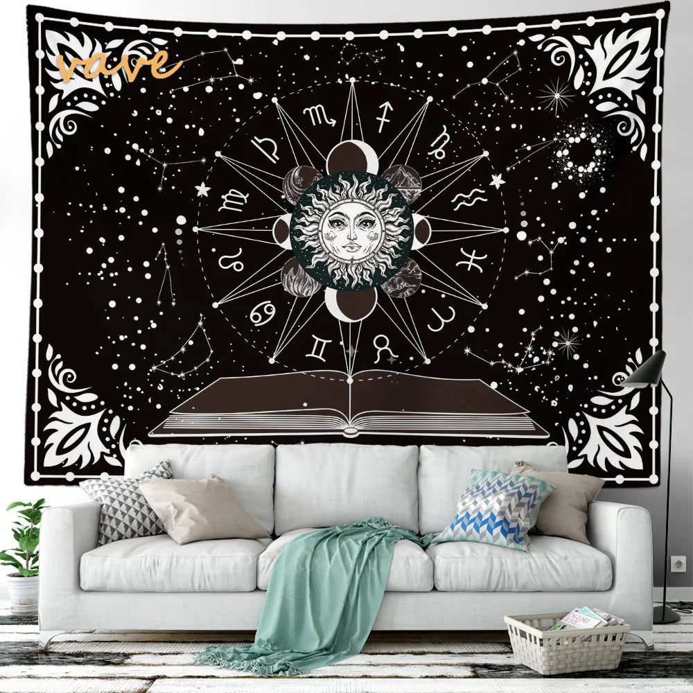 Witchcraft Astrology Mandala Tapestry Black and White Sun Moon Tarot Hippie Aesthetic Cloth Fabric Large Tapestry Wall Hanging