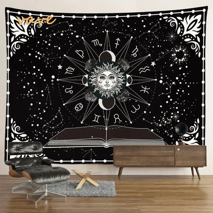 Witchcraft Astrology Mandala Tapestry Black and White Sun Moon Tarot Hippie Aesthetic Cloth Fabric Large Tapestry Wall Hanging