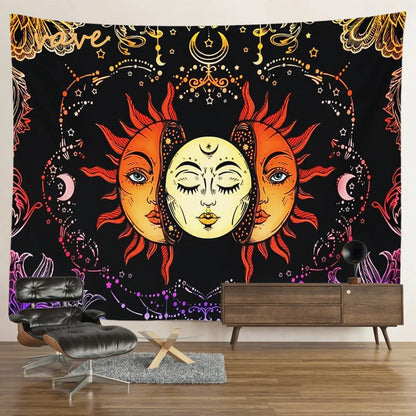 Witchcraft Astrology Mandala Tapestry Black and White Sun Moon Tarot Hippie Aesthetic Cloth Fabric Large Tapestry Wall Hanging