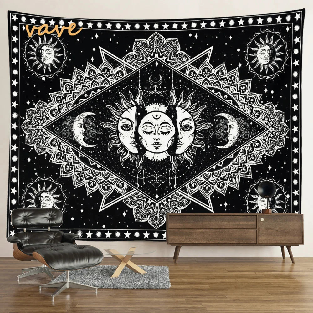 Witchcraft Astrology Mandala Tapestry Black and White Sun Moon Tarot Hippie Aesthetic Cloth Fabric Large Tapestry Wall Hanging