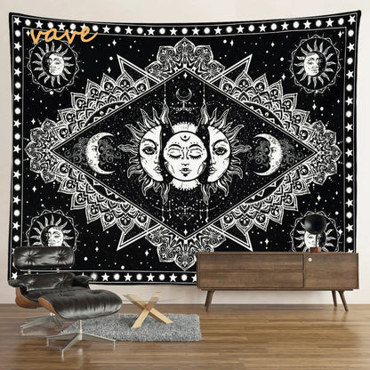 Witchcraft Astrology Mandala Tapestry Black and White Sun Moon Tarot Hippie Aesthetic Cloth Fabric Large Tapestry Wall Hanging