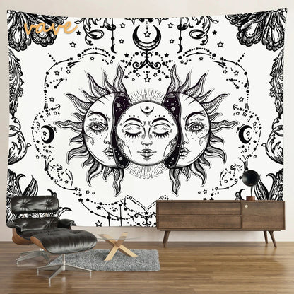 Witchcraft Astrology Mandala Tapestry Black and White Sun Moon Tarot Hippie Aesthetic Cloth Fabric Large Tapestry Wall Hanging