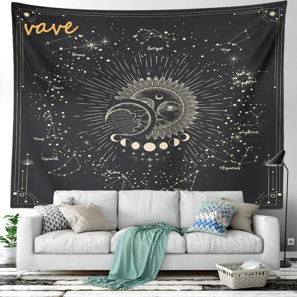 Witchcraft Astrology Mandala Tapestry Black and White Sun Moon Tarot Hippie Aesthetic Cloth Fabric Large Tapestry Wall Hanging