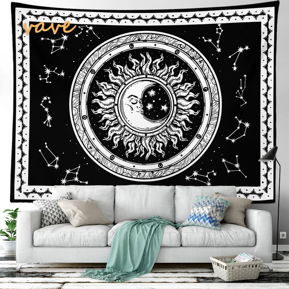 Witchcraft Astrology Mandala Tapestry Black and White Sun Moon Tarot Hippie Aesthetic Cloth Fabric Large Tapestry Wall Hanging