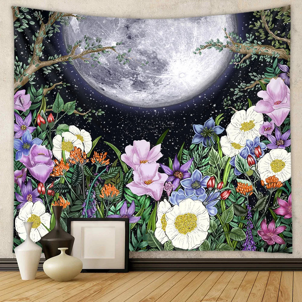 Moonlit Garden Tapestry Celestial Floral  Wall Hanging Moon Phase sun Starry black Botanical Hippie  Carpets Decor