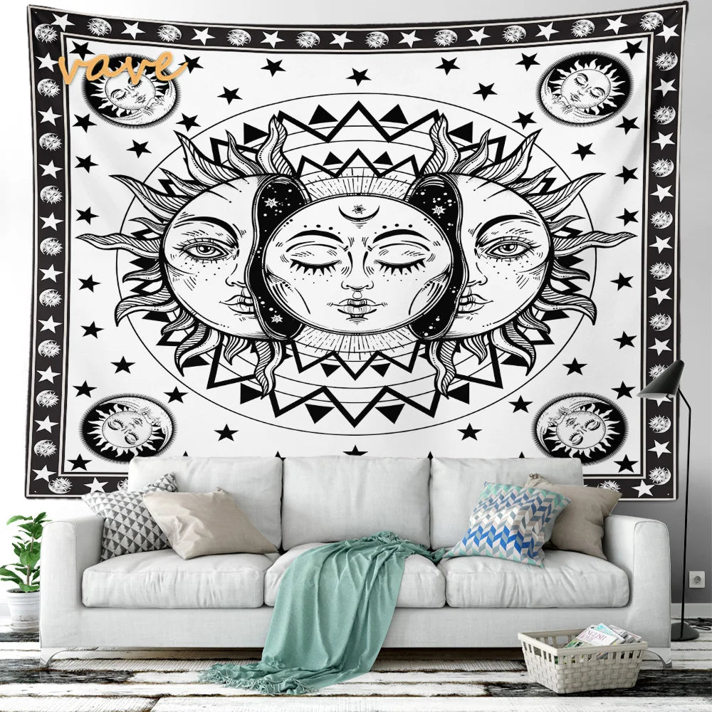 Witchcraft Astrology Mandala Tapestry Black and White Sun Moon Tarot Hippie Aesthetic Cloth Fabric Large Tapestry Wall Hanging