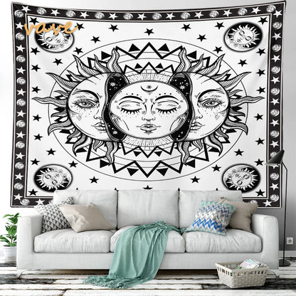 Witchcraft Astrology Mandala Tapestry Black and White Sun Moon Tarot Hippie Aesthetic Cloth Fabric Large Tapestry Wall Hanging