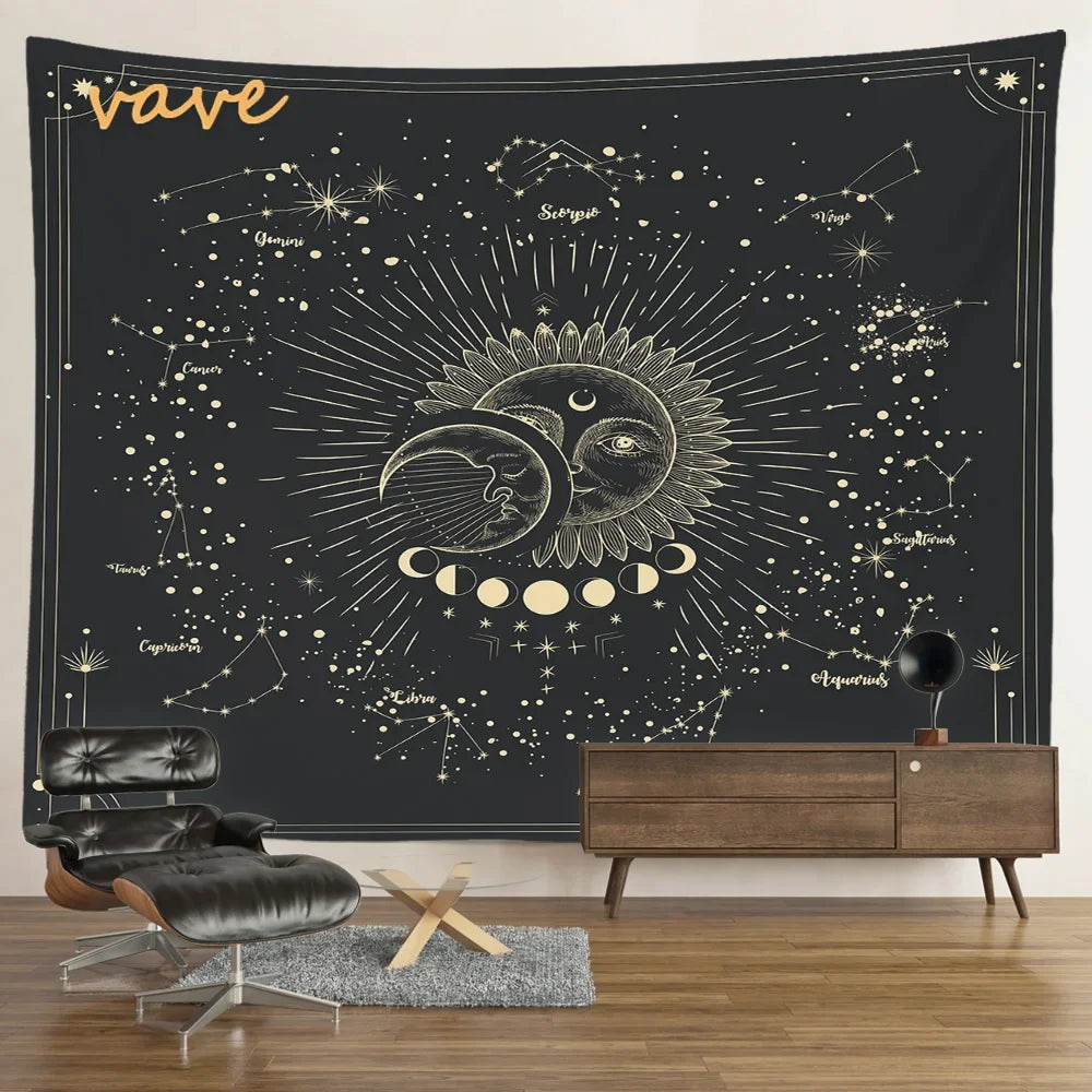 Witchcraft Astrology Mandala Tapestry Black and White Sun Moon Tarot Hippie Aesthetic Cloth Fabric Large Tapestry Wall Hanging