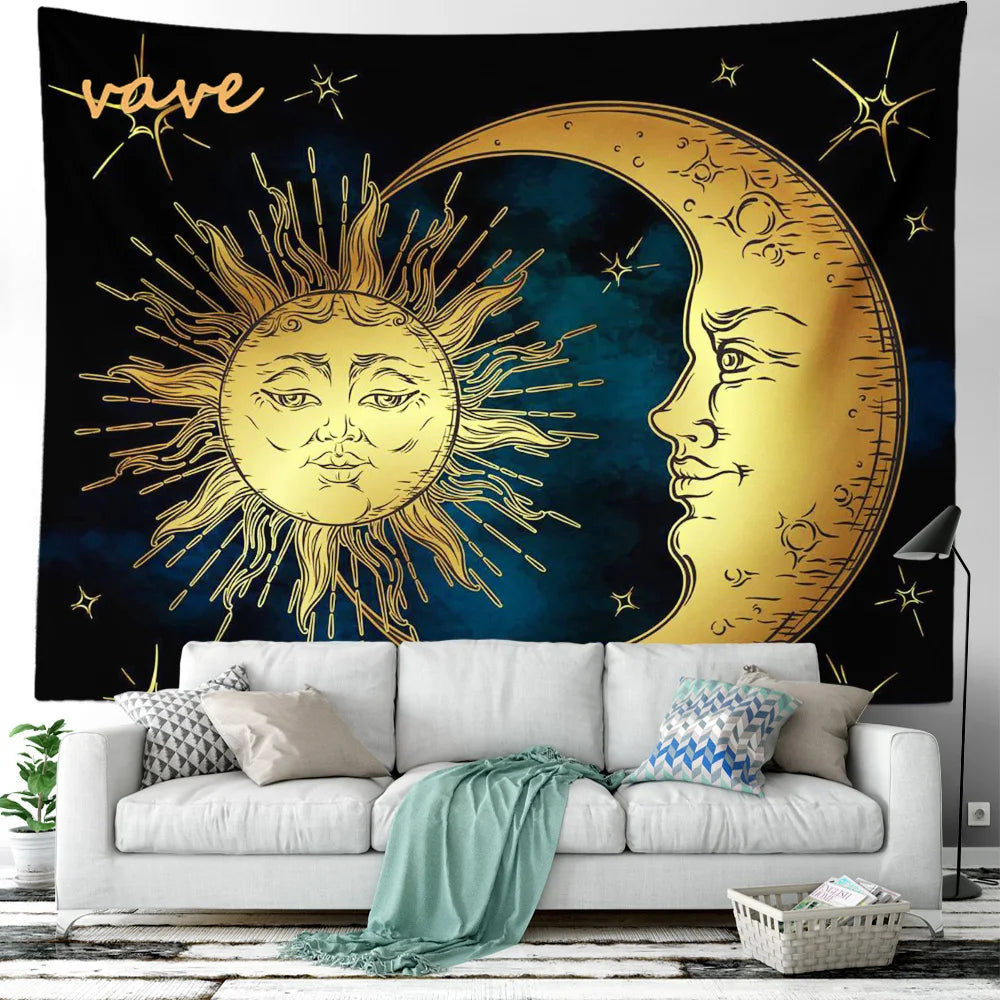 Witchcraft Astrology Mandala Tapestry Black and White Sun Moon Tarot Hippie Aesthetic Cloth Fabric Large Tapestry Wall Hanging