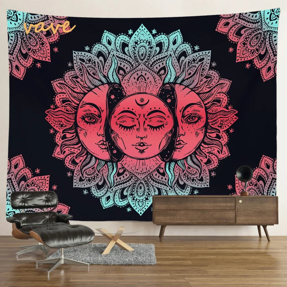 Witchcraft Astrology Mandala Tapestry Black and White Sun Moon Tarot Hippie Aesthetic Cloth Fabric Large Tapestry Wall Hanging