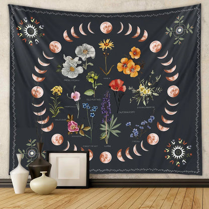 Moonlit Garden Tapestry Celestial Floral  Wall Hanging Moon Phase sun Starry black Botanical Hippie  Carpets Decor