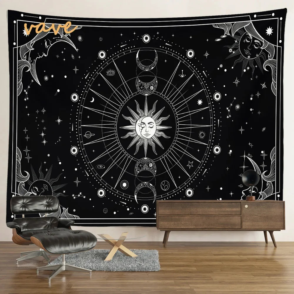 Witchcraft Astrology Mandala Tapestry Black and White Sun Moon Tarot Hippie Aesthetic Cloth Fabric Large Tapestry Wall Hanging