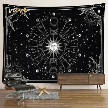 Witchcraft Astrology Mandala Tapestry Black and White Sun Moon Tarot Hippie Aesthetic Cloth Fabric Large Tapestry Wall Hanging