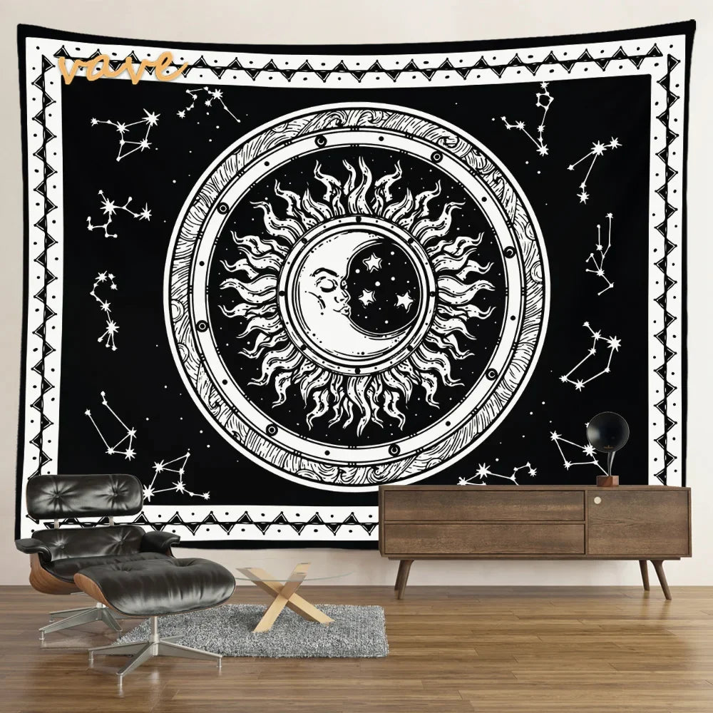 Witchcraft Astrology Mandala Tapestry Black and White Sun Moon Tarot Hippie Aesthetic Cloth Fabric Large Tapestry Wall Hanging