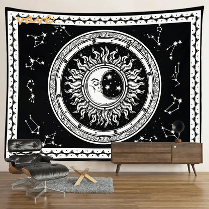 Witchcraft Astrology Mandala Tapestry Black and White Sun Moon Tarot Hippie Aesthetic Cloth Fabric Large Tapestry Wall Hanging