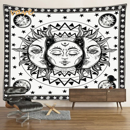 Witchcraft Astrology Mandala Tapestry Black and White Sun Moon Tarot Hippie Aesthetic Cloth Fabric Large Tapestry Wall Hanging