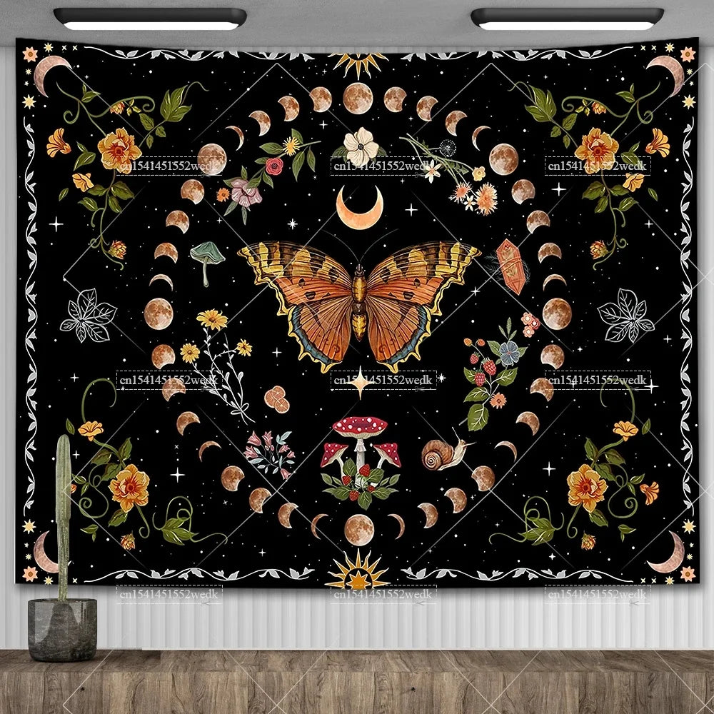 Psychedelic Bohemian Wall Tapestry For Living Room Moon Phase And Stars Tapestrys Butterfly Snake Tapestries Tarot Altar Cloths
