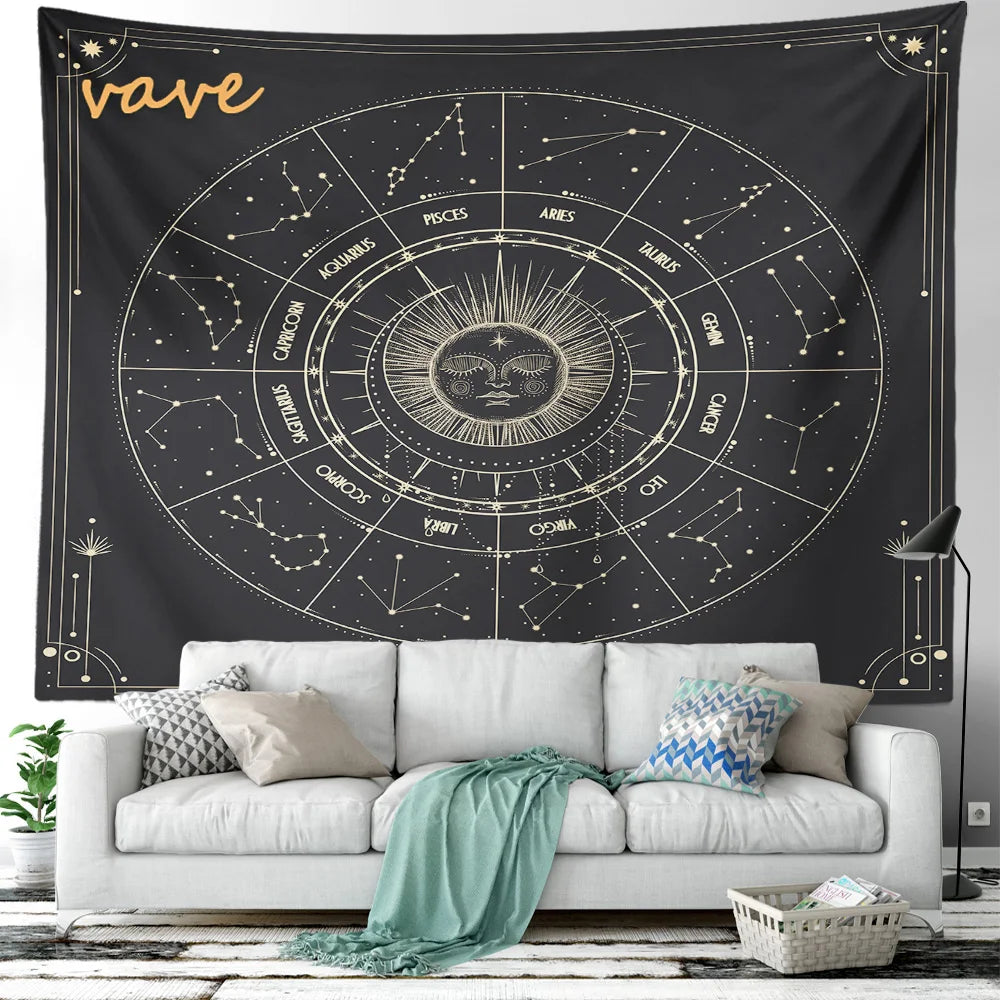 Witchcraft Astrology Mandala Tapestry Black and White Sun Moon Tarot Hippie Aesthetic Cloth Fabric Large Tapestry Wall Hanging