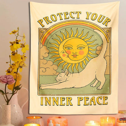 Sun Moon cat Tapestry Wall Hanging Tarot retro black white cat psychedelic love star for Living Room Home Dorm Decor Cloth gift