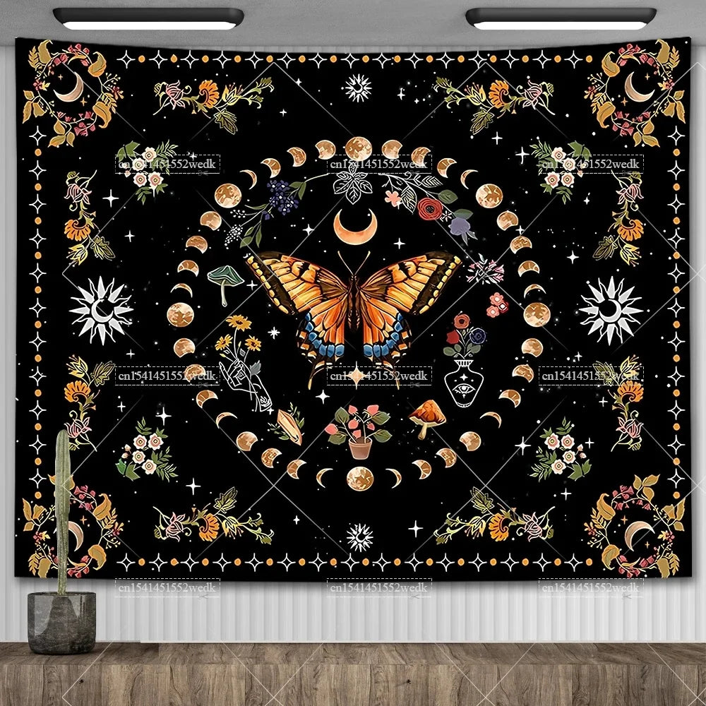 Psychedelic Bohemian Wall Tapestry For Living Room Moon Phase And Stars Tapestrys Butterfly Snake Tapestries Tarot Altar Cloths