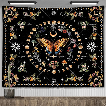 Psychedelic Bohemian Wall Tapestry For Living Room Moon Phase And Stars Tapestrys Butterfly Snake Tapestries Tarot Altar Cloths
