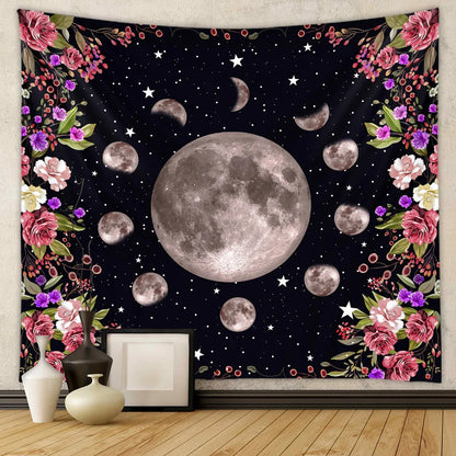Moonlit Garden Tapestry Celestial Floral  Wall Hanging Moon Phase sun Starry black Botanical Hippie  Carpets Decor