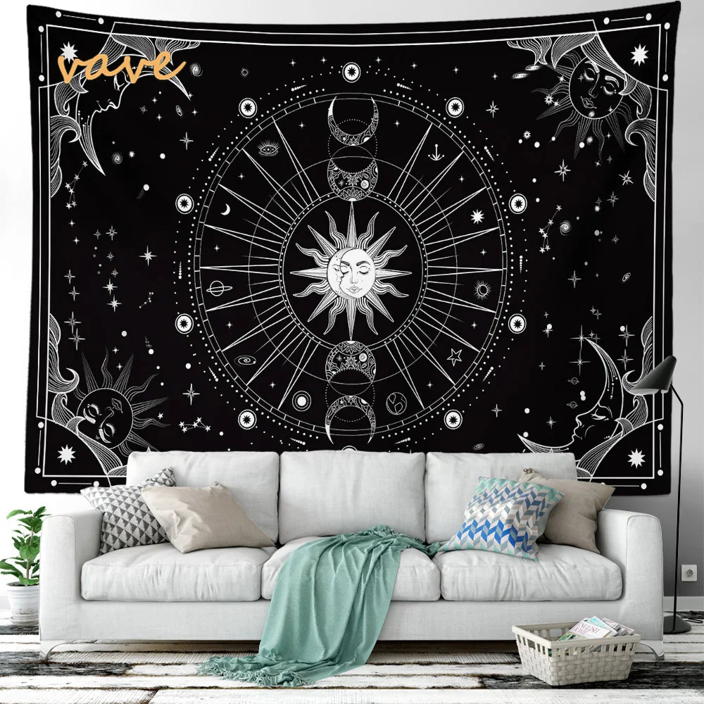 Witchcraft Astrology Mandala Tapestry Black and White Sun Moon Tarot Hippie Aesthetic Cloth Fabric Large Tapestry Wall Hanging