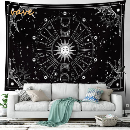 Witchcraft Astrology Mandala Tapestry Black and White Sun Moon Tarot Hippie Aesthetic Cloth Fabric Large Tapestry Wall Hanging