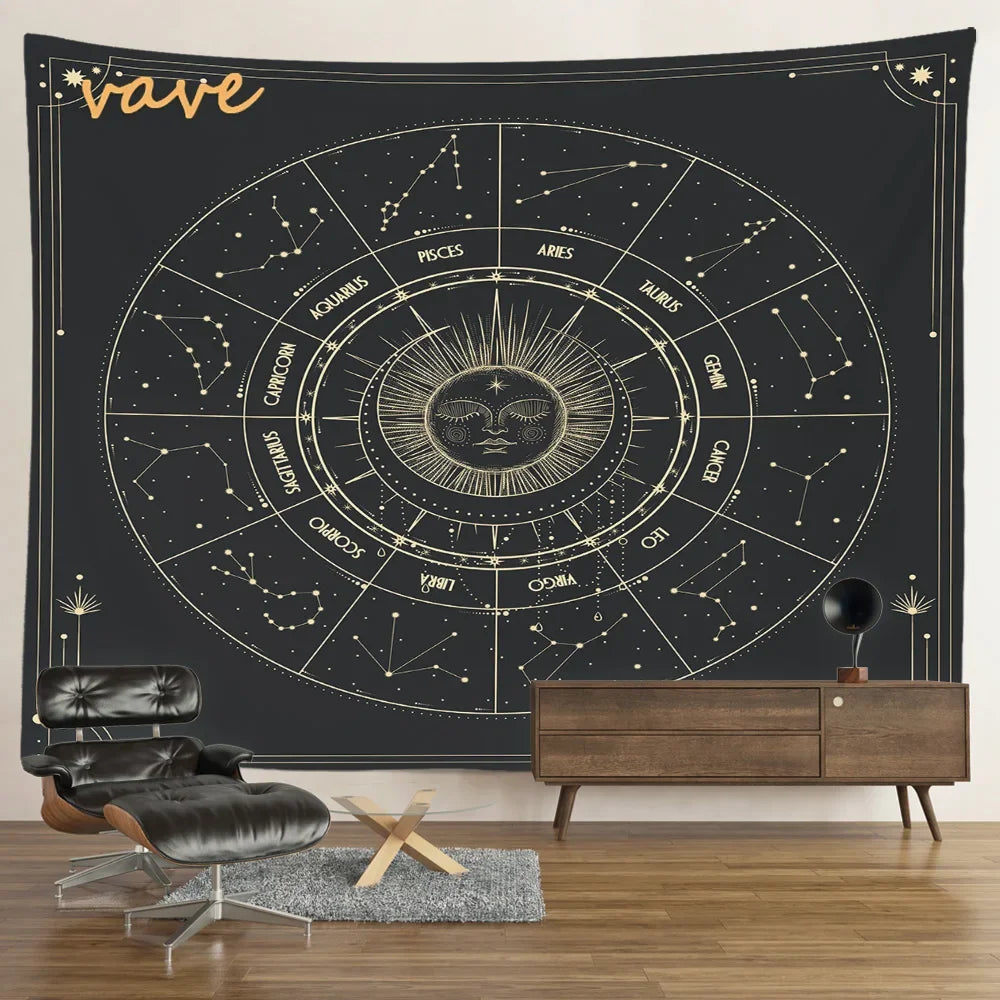 Witchcraft Astrology Mandala Tapestry Black and White Sun Moon Tarot Hippie Aesthetic Cloth Fabric Large Tapestry Wall Hanging