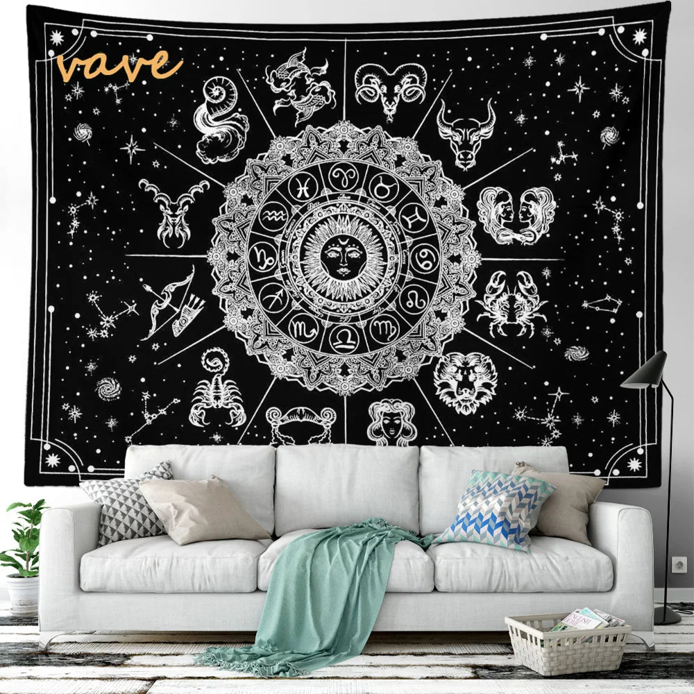 Witchcraft Astrology Mandala Tapestry Black and White Sun Moon Tarot Hippie Aesthetic Cloth Fabric Large Tapestry Wall Hanging