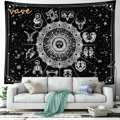 Witchcraft Astrology Mandala Tapestry Black and White Sun Moon Tarot Hippie Aesthetic Cloth Fabric Large Tapestry Wall Hanging