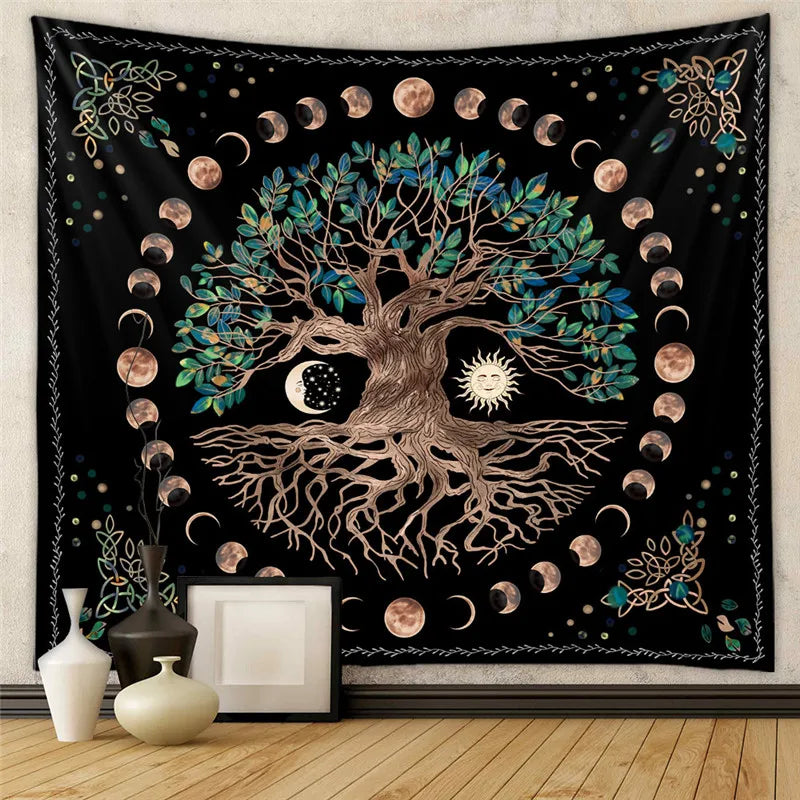Moonlit Garden Tapestry Celestial Floral  Wall Hanging Moon Phase sun Starry black Botanical Hippie  Carpets Decor