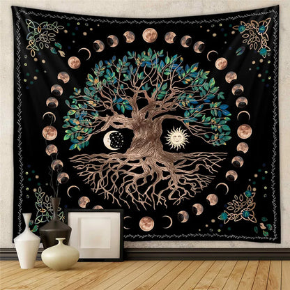 Moonlit Garden Tapestry Celestial Floral  Wall Hanging Moon Phase sun Starry black Botanical Hippie  Carpets Decor
