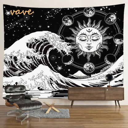 Witchcraft Astrology Mandala Tapestry Black and White Sun Moon Tarot Hippie Aesthetic Cloth Fabric Large Tapestry Wall Hanging