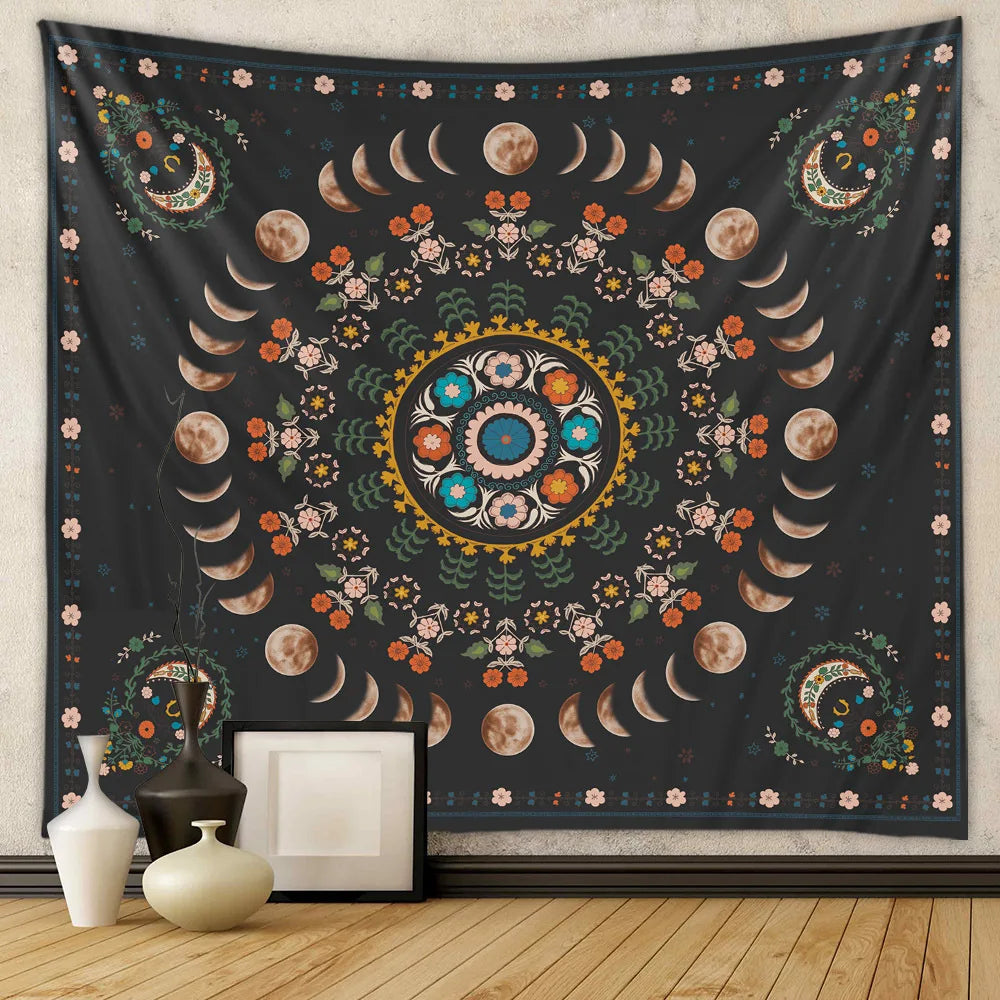 Moonlit Garden Tapestry Celestial Floral  Wall Hanging Moon Phase sun Starry black Botanical Hippie  Carpets Decor