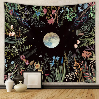 Moonlit Garden Tapestry Celestial Floral  Wall Hanging Moon Phase sun Starry black Botanical Hippie  Carpets Decor