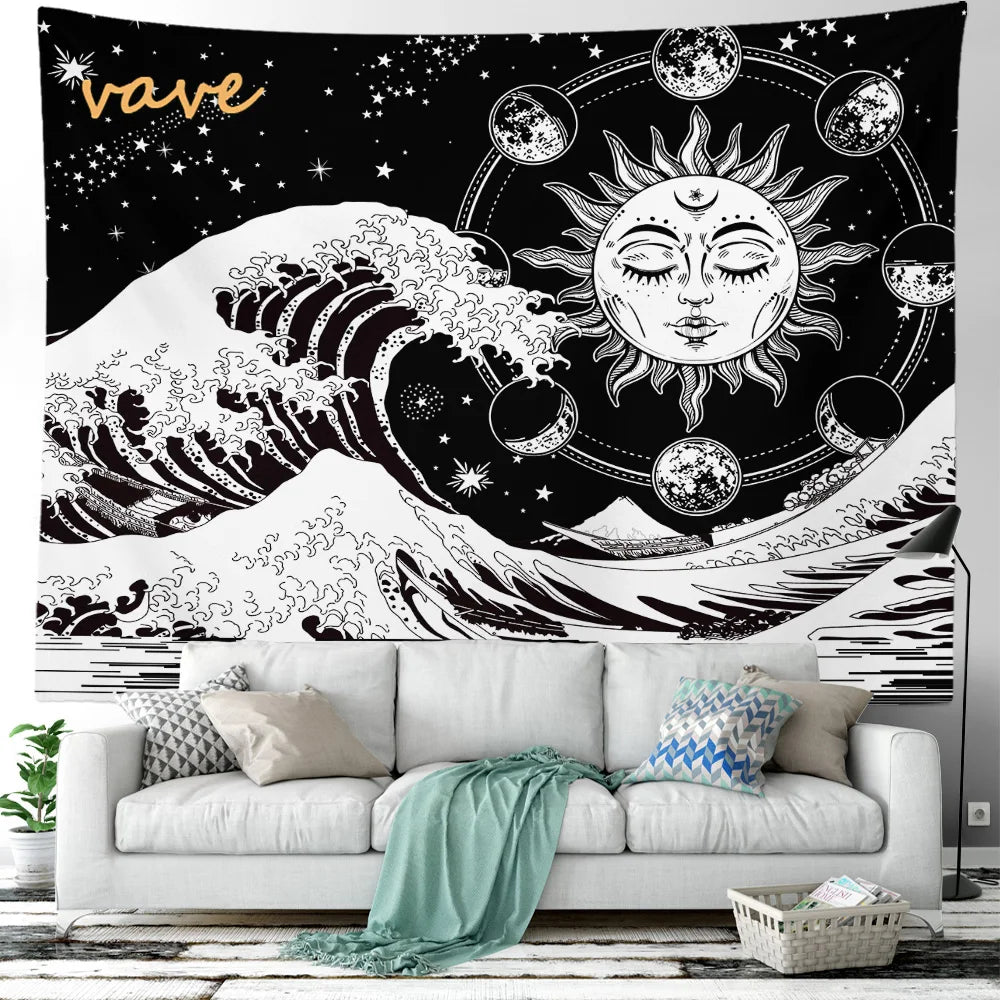 Witchcraft Astrology Mandala Tapestry Black and White Sun Moon Tarot Hippie Aesthetic Cloth Fabric Large Tapestry Wall Hanging