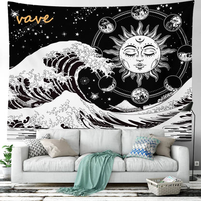 Witchcraft Astrology Mandala Tapestry Black and White Sun Moon Tarot Hippie Aesthetic Cloth Fabric Large Tapestry Wall Hanging