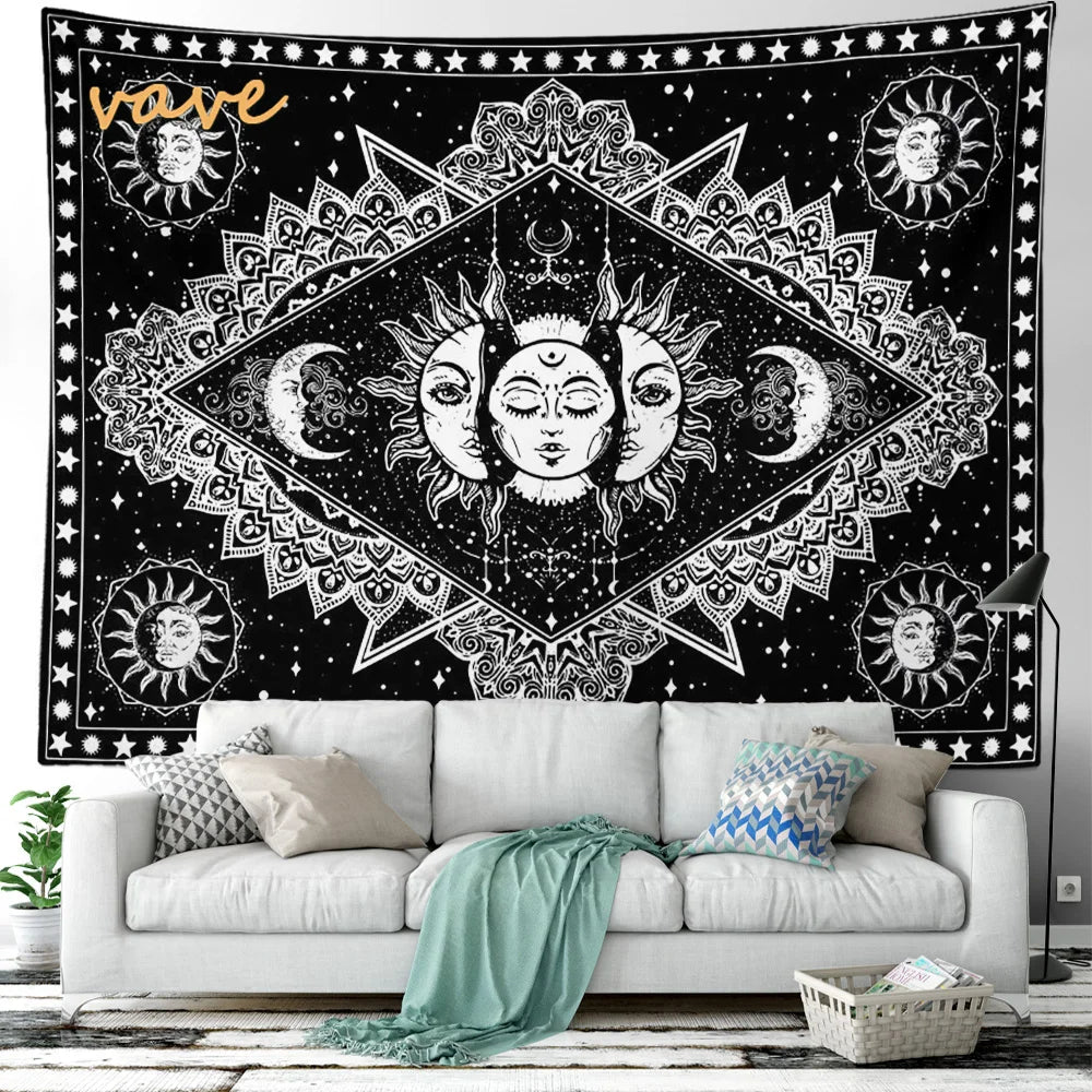 Witchcraft Astrology Mandala Tapestry Black and White Sun Moon Tarot Hippie Aesthetic Cloth Fabric Large Tapestry Wall Hanging