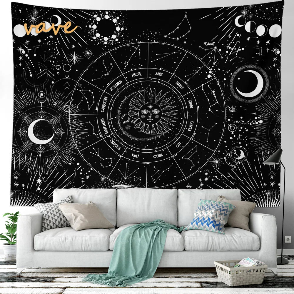 Witchcraft Astrology Mandala Tapestry Black and White Sun Moon Tarot Hippie Aesthetic Cloth Fabric Large Tapestry Wall Hanging