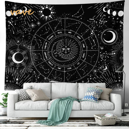 Witchcraft Astrology Mandala Tapestry Black and White Sun Moon Tarot Hippie Aesthetic Cloth Fabric Large Tapestry Wall Hanging