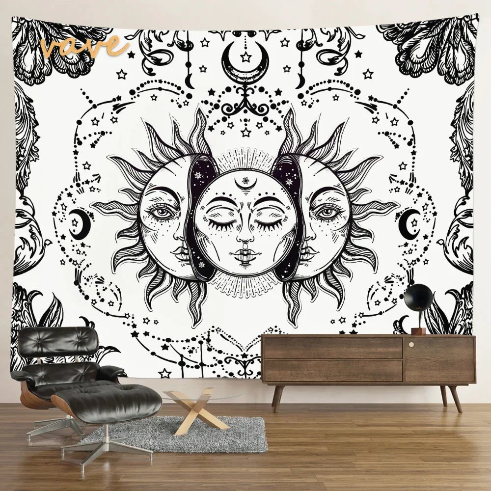 Witchcraft Astrology Mandala Tapestry Black and White Sun Moon Tarot Hippie Aesthetic Cloth Fabric Large Tapestry Wall Hanging