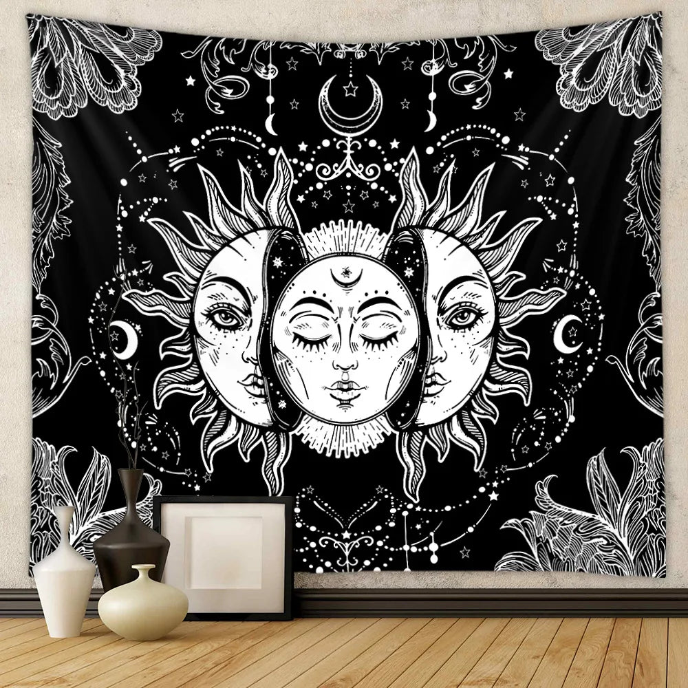 Moonlit Garden Tapestry Celestial Floral  Wall Hanging Moon Phase sun Starry black Botanical Hippie  Carpets Decor