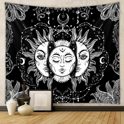 Moonlit Garden Tapestry Celestial Floral  Wall Hanging Moon Phase sun Starry black Botanical Hippie  Carpets Decor