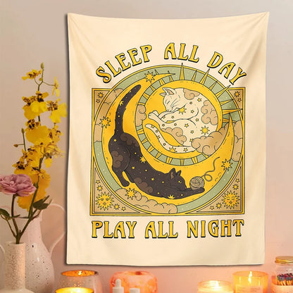 Sun Moon cat Tapestry Wall Hanging Tarot retro black white cat psychedelic love star for Living Room Home Dorm Decor Cloth gift