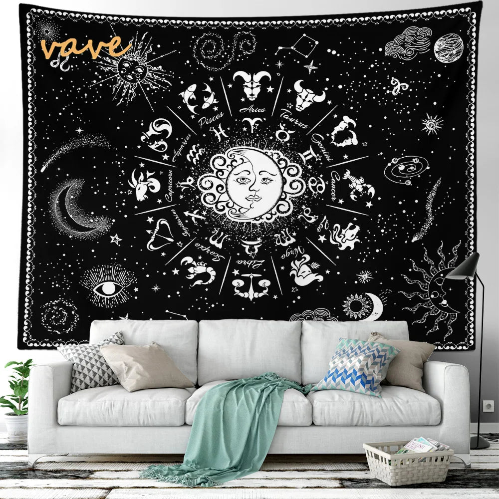 Witchcraft Astrology Mandala Tapestry Black and White Sun Moon Tarot Hippie Aesthetic Cloth Fabric Large Tapestry Wall Hanging