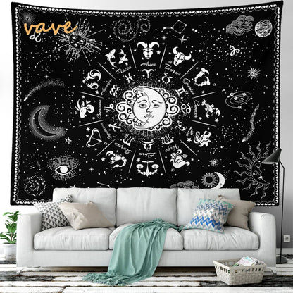 Witchcraft Astrology Mandala Tapestry Black and White Sun Moon Tarot Hippie Aesthetic Cloth Fabric Large Tapestry Wall Hanging